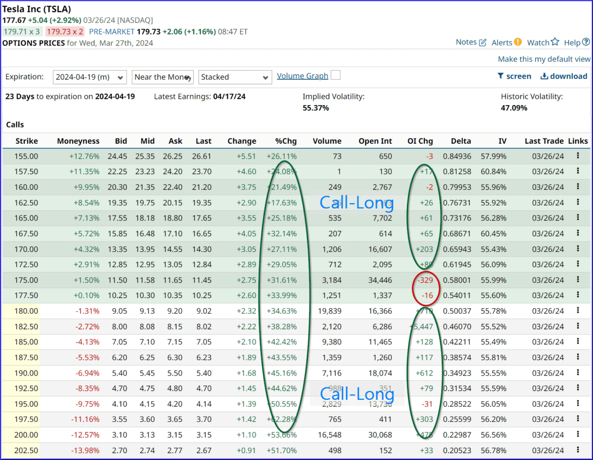 Option Chain mit Open Interest, Tesla TSLA, Exp. 19.04.2024, CALL -Option