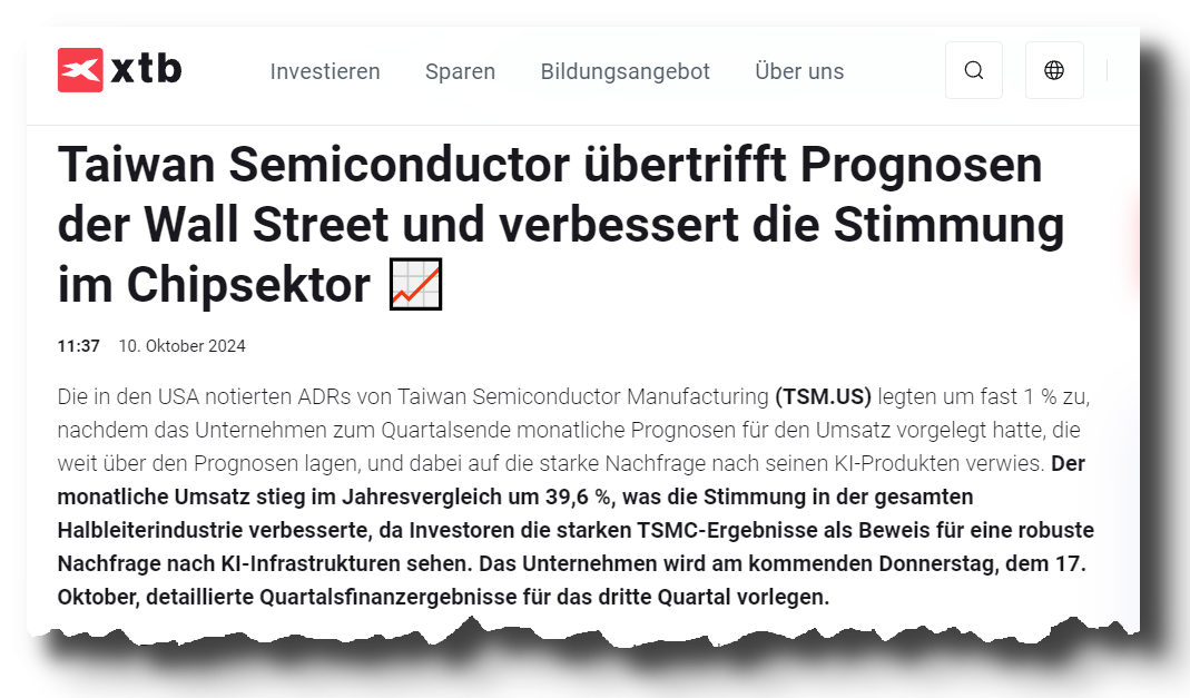 Die besten 5 Halbleiter-Aktien für Trading und Investitionen (2025) Ausschnitt einer nachricht: "TSMC übertrifft Prognosen der Wallstreet" Screenshot eines Artikels auf xtb.com vom 10. Oktober 2024 mit der Überschrift 'Taiwan Semiconductor übertrifft Prognosen der Wall Street und verbessert die Stimmung im Chipsektor', der einen Umsatzanstieg von 39,6 % im Jahresvergleich aufgrund hoher Nachfrage nach KI-Produkten hervorhebt.