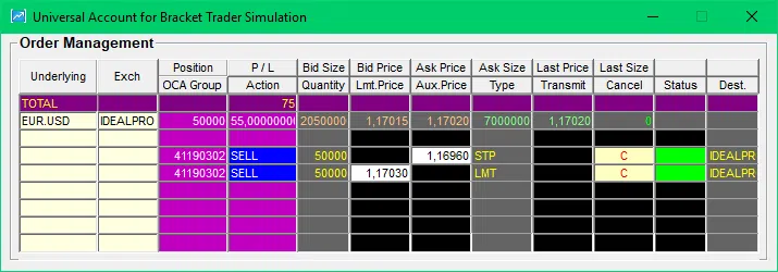 Bracket Trader Erfahrungen (2025) - ideale Software für Trade Management Bracket Trader Account Anzeige offene Orders Target 2 und Stopp Loss
