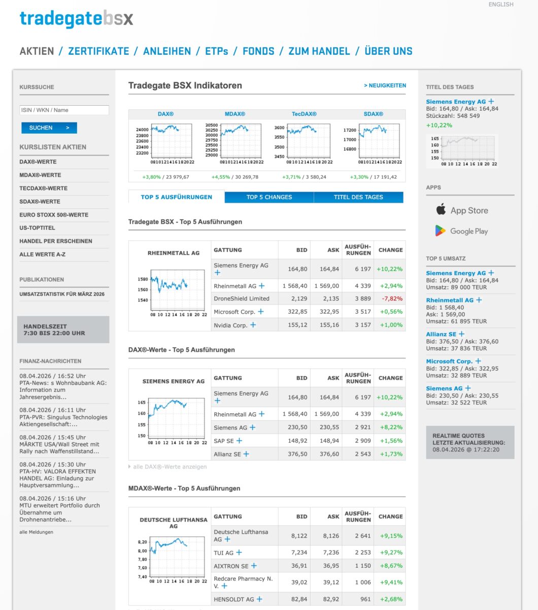 Startseite der Tradegate Berlin Stock Exchange (Tradegate BSX) mit Echtzeitkursen