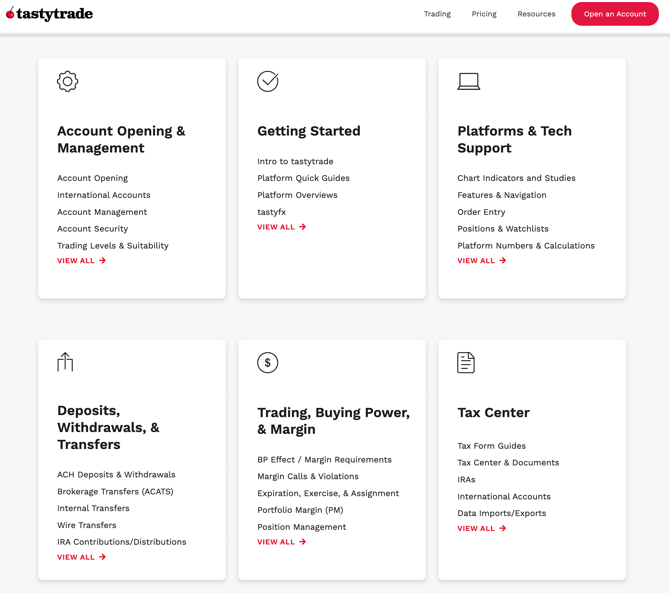 Screenshot des Support Help Centers von Tastyworks. Die Seite ist in sechs Kategorien unterteilt: "Account Opening & Management" für Kontoeröffnung und -verwaltung, "Getting Started" mit Anleitungen zur Plattform, "Software, Platforms & Tech Support" für technische Unterstützung, "Deposits, Withdrawals & Transfers" für Ein- und Auszahlungen, "Trading, Buying Power & Margin" für Handelsbedingungen und Margin-Anforderungen sowie "Tax Center" für steuerliche Informationen.