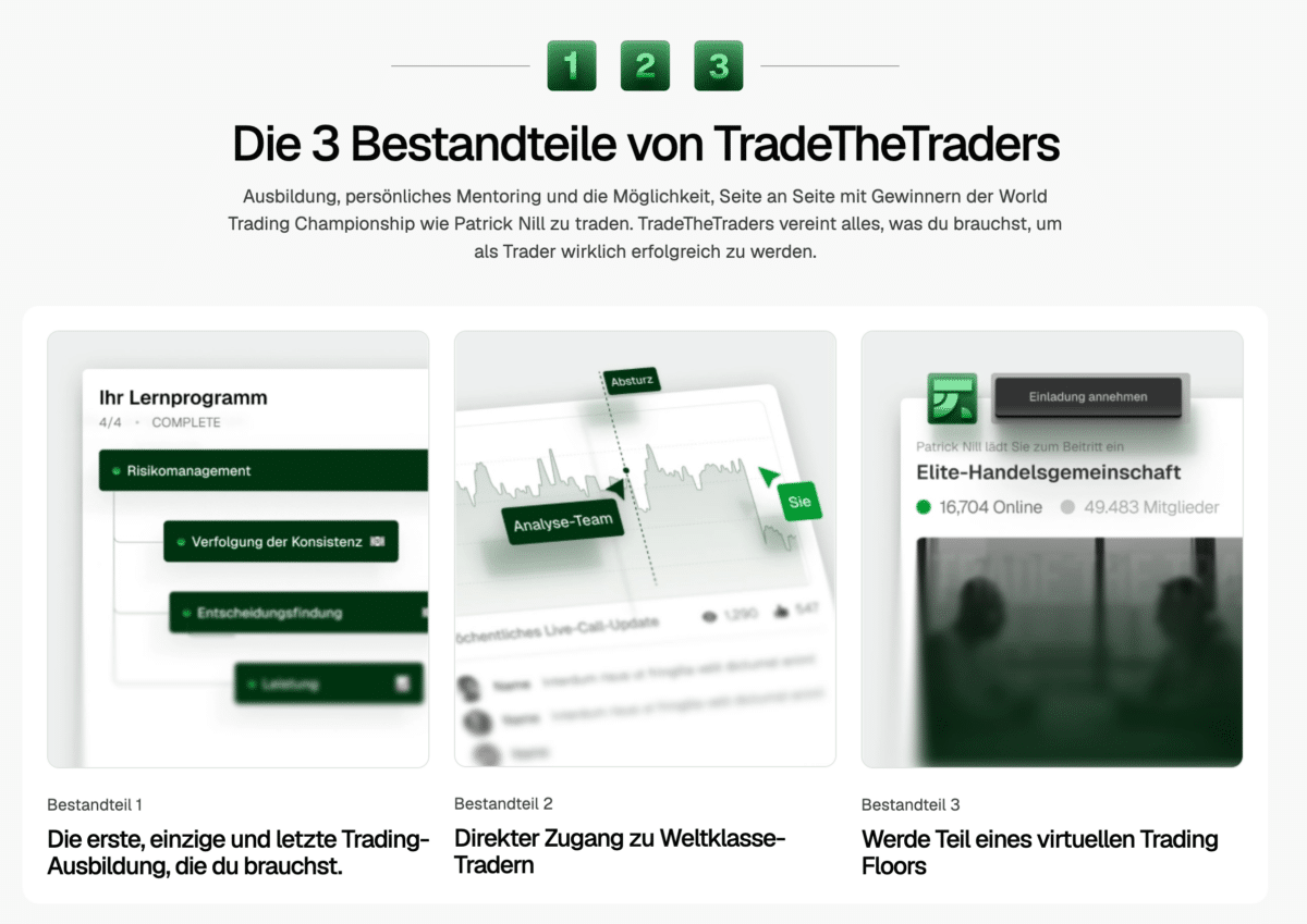 Screenshot der TTT-Website mit den drei Bestandteilen: Ausbildung, Zugang zu Weltklasse-Tradern, virtueller Trading Floor