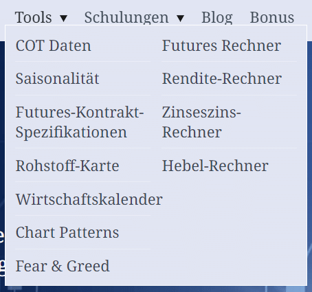Screenshot  Menüpunkt 'Tools' auf der Website von InsiderWeek