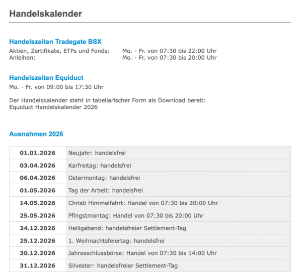 Tradegate BSX Handelskalender 2026 mit Handelszeiten und Börsenfeiertagen von der offiziellen Website