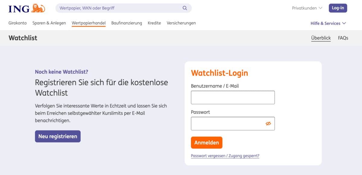 ING Watchlist Registrierung 2026