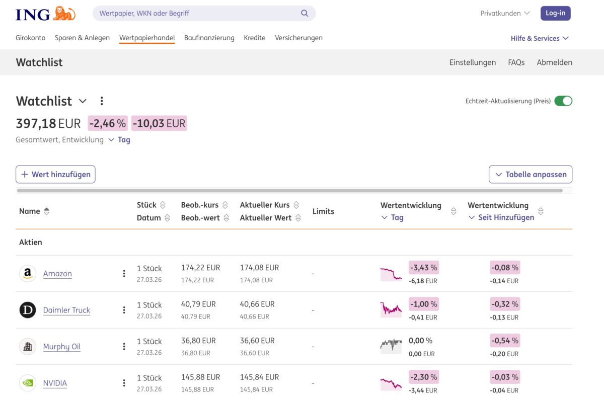ING Watchlist neue Obeerfläche