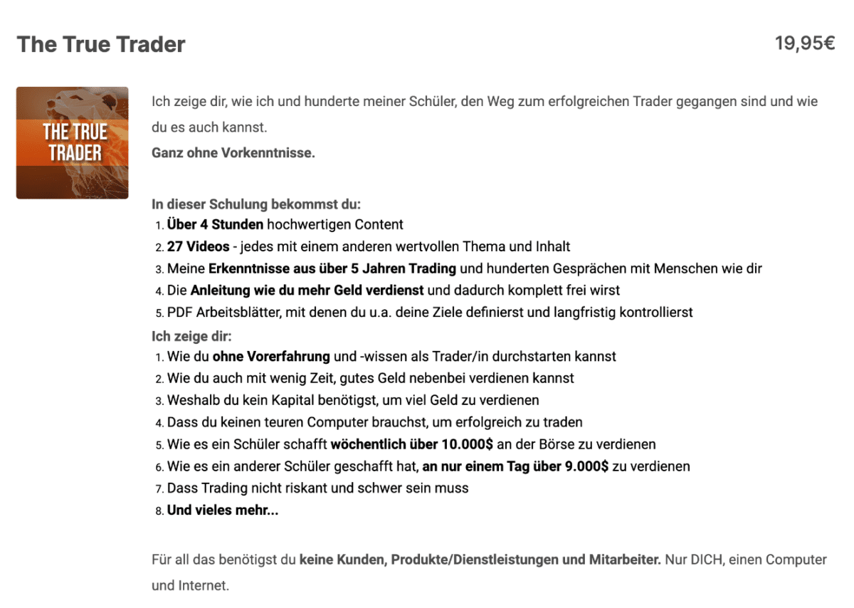Volume Trader The True Trader Bestellseite mit Preis 19,95 Euro und Widerrufsverzicht