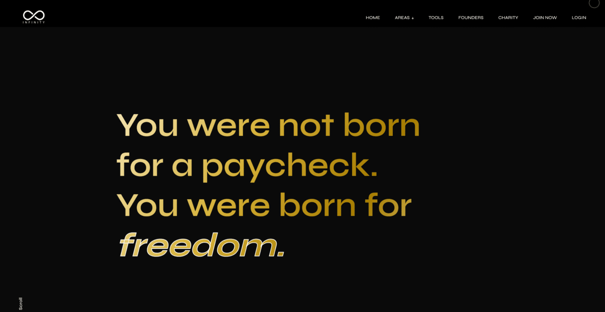 Be-Infinity Homepage mit dunklem Design und dem Slogan Learn Freedom Live Infinity