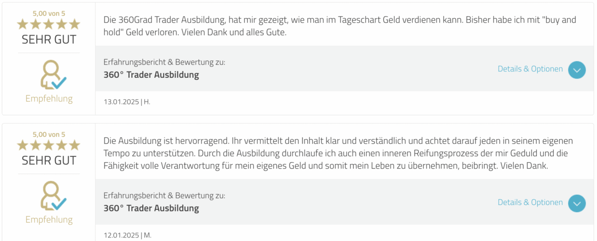 Screenshot von zwei 5-Sterne-Bewertungen für die ‚360° Trader Ausbildung‘ auf einer Bewertungsplattform. Beide Bewertungen loben die Ausbildung für ihre Klarheit und Unterstützung. Eine Bewertung hebt hervor, dass sie gelernt hat, im Tageschart Geld zu verdienen, während die andere die persönliche Reifung und Verantwortungsübernahme für das eigene Geld betont