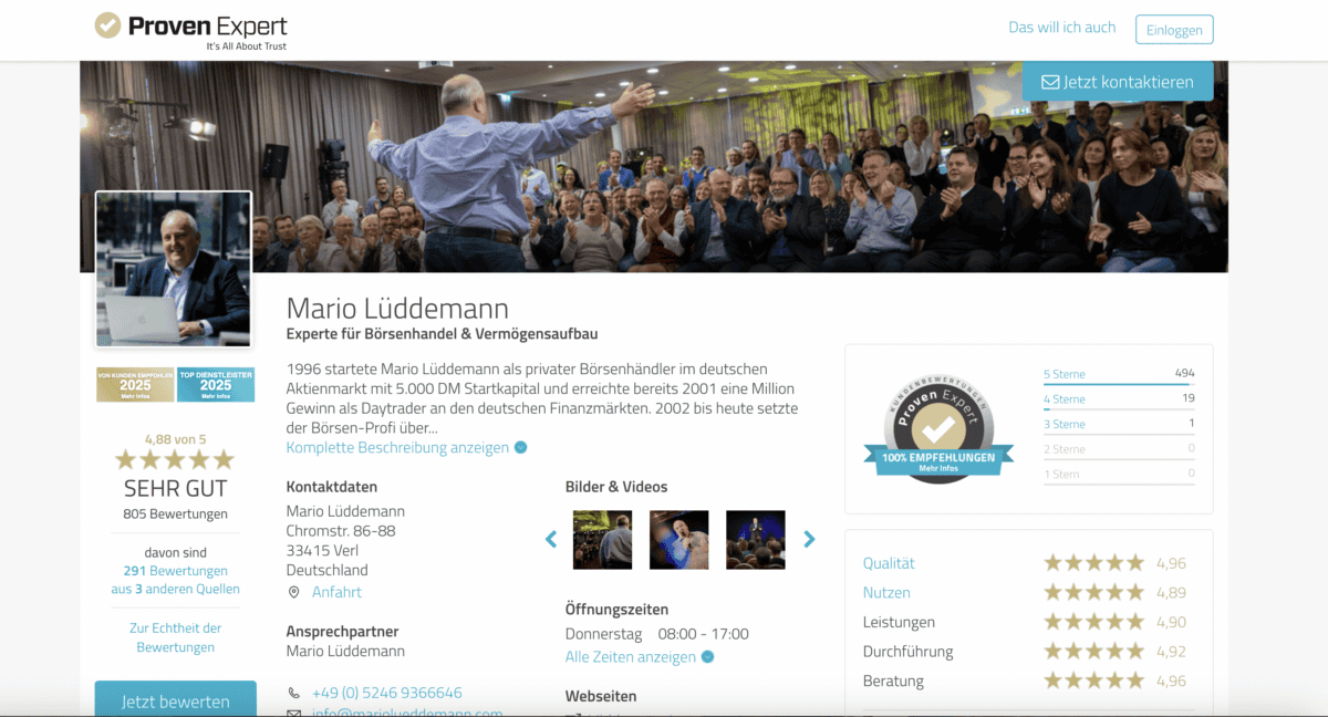 Screenshot einer ProvenExpert-Bewertungsseite für Mario Lüddemann, einen Experten für Börsenhandel und Vermögensaufbau. Oben im Bild ist ein Foto von Lüddemann zu sehen, wie er auf einer Bühne vor einem applaudierenden Publikum spricht. Links befindet sich ein Profilbild von ihm am Laptop. Die Seite zeigt eine Bewertung von 4,88 von 5 Sternen basierend auf 805 Bewertungen