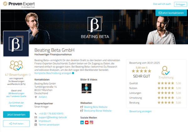 Beating Beta – Erfahrungen mit der Finanz-Plattform von Mario Lochner Auf dem populären Bewertungsportal ProvenExpert fallen die Erfahrungen und Bewertungen zu Beating Beta überwiegend positiv aus