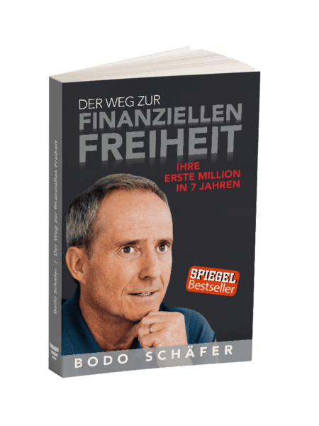 Buchcover von 'Der Weg zur finanziellen Freiheit' von Bodo Schäfer. Das Cover zeigt ein Porträtfoto von Bodo Schäfer, der nachdenklich mit der Hand am Kinn blickt. Der Titel ist in großen weißen und grauen Buchstaben geschrieben, mit dem Untertitel 'Ihre erste Million in 7 Jahren' in roter Schrift. Ein rotes Siegel mit der Aufschrift 'SPIEGEL Bestseller' ist ebenfalls auf dem Cover zu sehen.