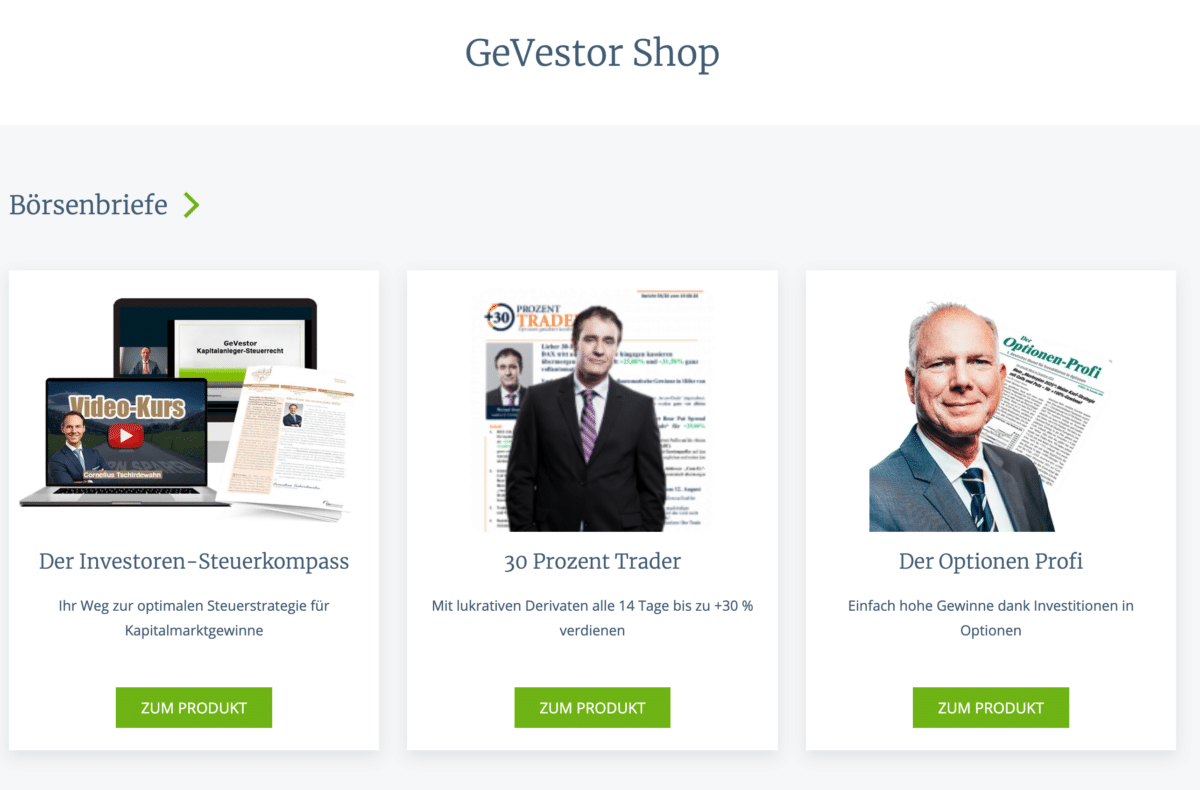 GeVestor Shop Produktübersicht mit Börsenbriefen und Finanzbüchern