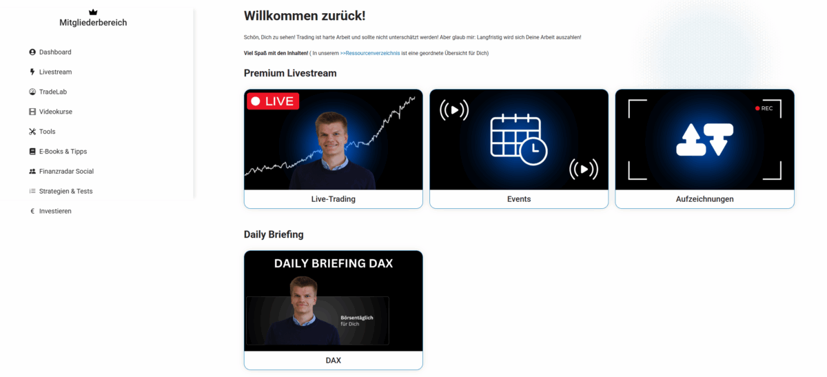 mitgliederbereich von finanzradar mit auswahl der inhalte wie live-trading, aufzeichnungen, videokurse 