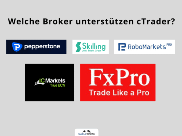 Übersichtsgrafik mit dem Titel „Welche Broker unterstützen cTrader?“ und Logos der Broker: Pepperstone, Skilling, RoboMarkets, IC Markets und FxPro. Unten mittig befindet sich das Logo von Kagels Trading.