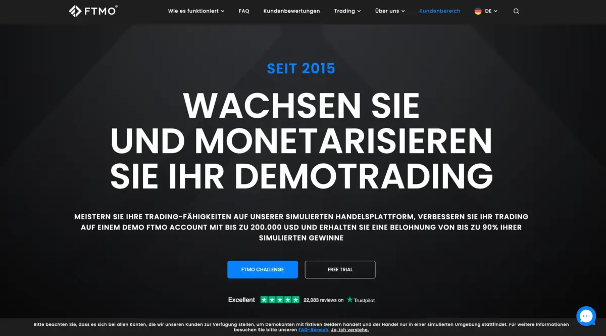 Screenshot der FTMO Website - FTMO ist eine der besten Prop Trading Firmen
