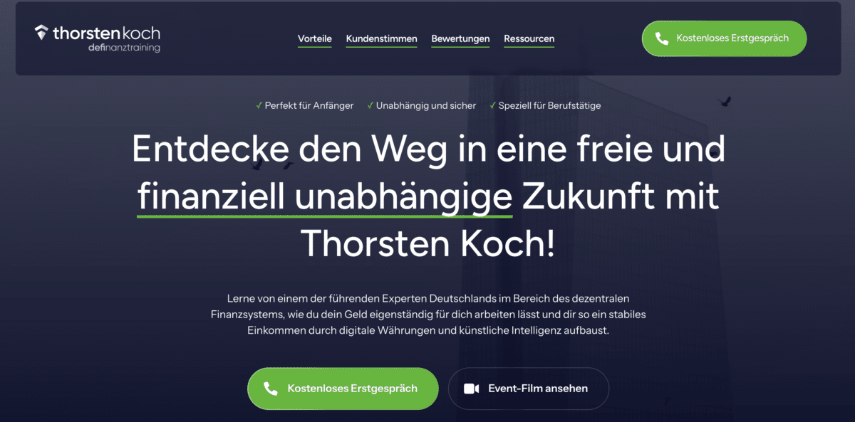 DeFinanztraining Webseite von Thorsten Koch – Startseite mit Coaching-Angebot und Erstgespräch-CTA