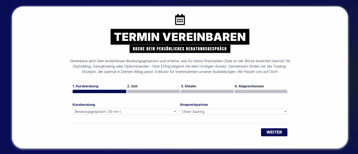 das buchungsformular für ein beratungsgespräch bei tradeneon