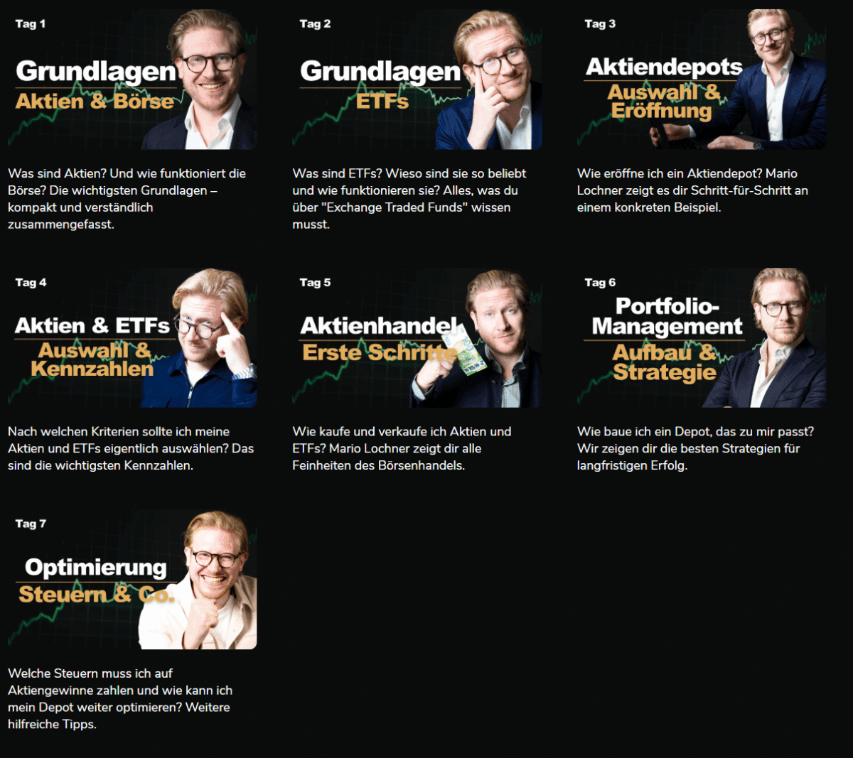 ein abschnitt der webseite bootcamp börse über die inhalte der sieben tage