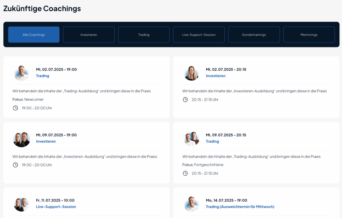 PJM Investment Akademie Coachings Überblick