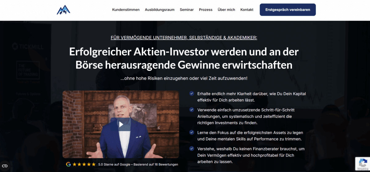 die webseite der investorschule mit call to action zum erstgespräch, menüpunkten und einem video von mike seidl