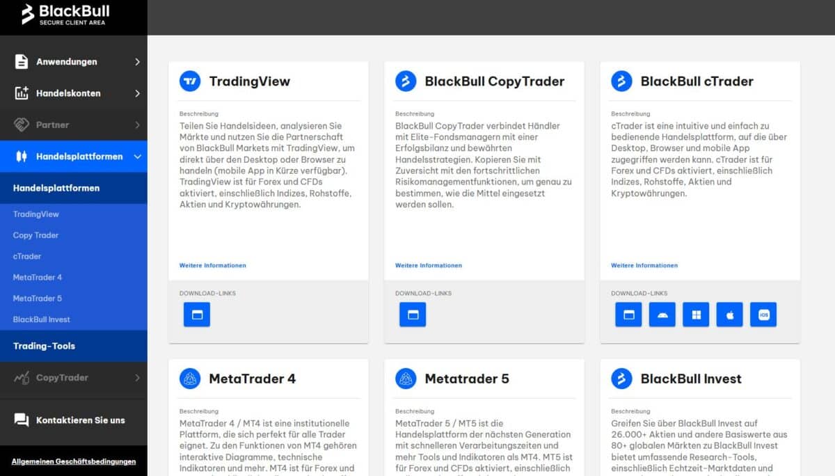 Aktuell stehen bei BlackBull Markets 6 verschiedene Handelsplattformen zur Auswahl