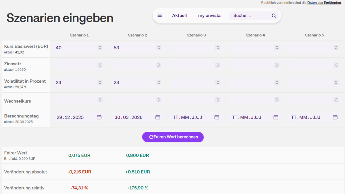 Ansicht der Website des Onvista-Optionsscheinrechners mit Berechnung zweier Szenarien mit verringerter Volatilität