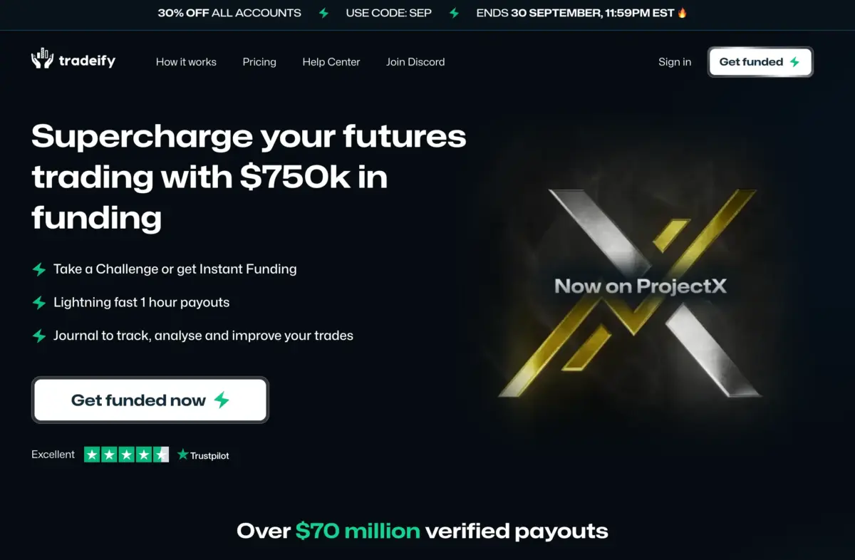 Tradeify Instant Funding Erfahrungen: Test & Payout Guide der Prop Firma (2025) Screenshot der Webseite von Tradeify