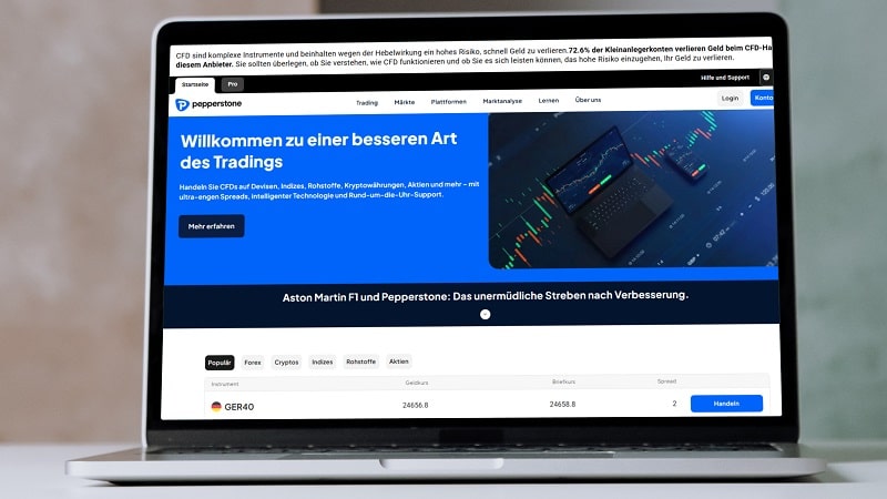 CFD Broker Vergleich Pepperstone Webseite