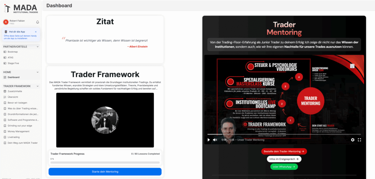 die mada app im browser mit den kostenlosen lerninhalten zu trader framework
