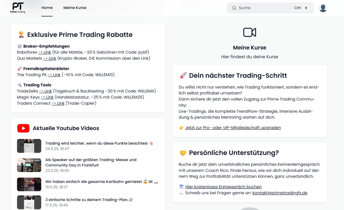 der mitgliederbereich von primetradingfx