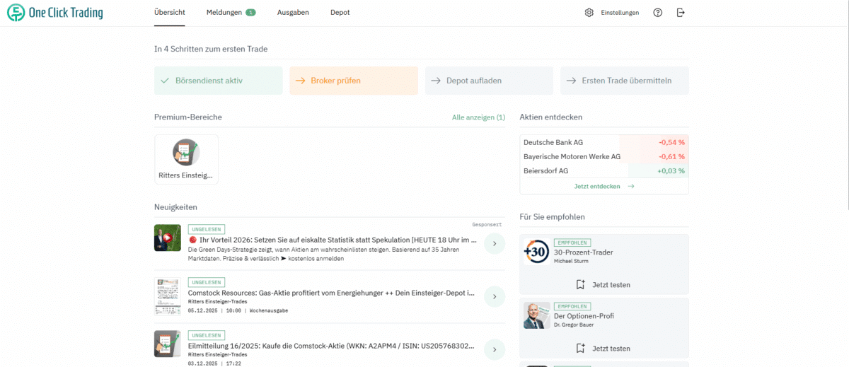 der mitgliederbereich von one click trading