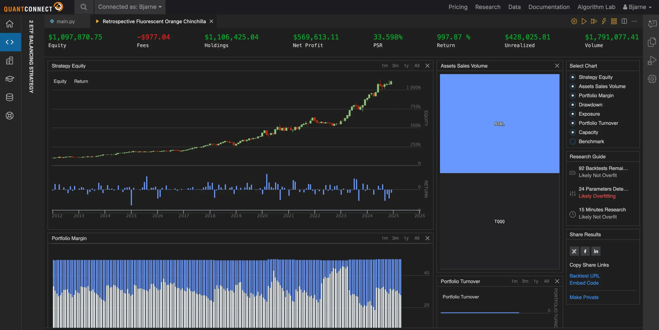 QuantConnect Test: Die Wahrheit über Kosten, Funktionen und Lernkurve (2026) Visualisierung eines Backtest in der QuantConnect Cloud.