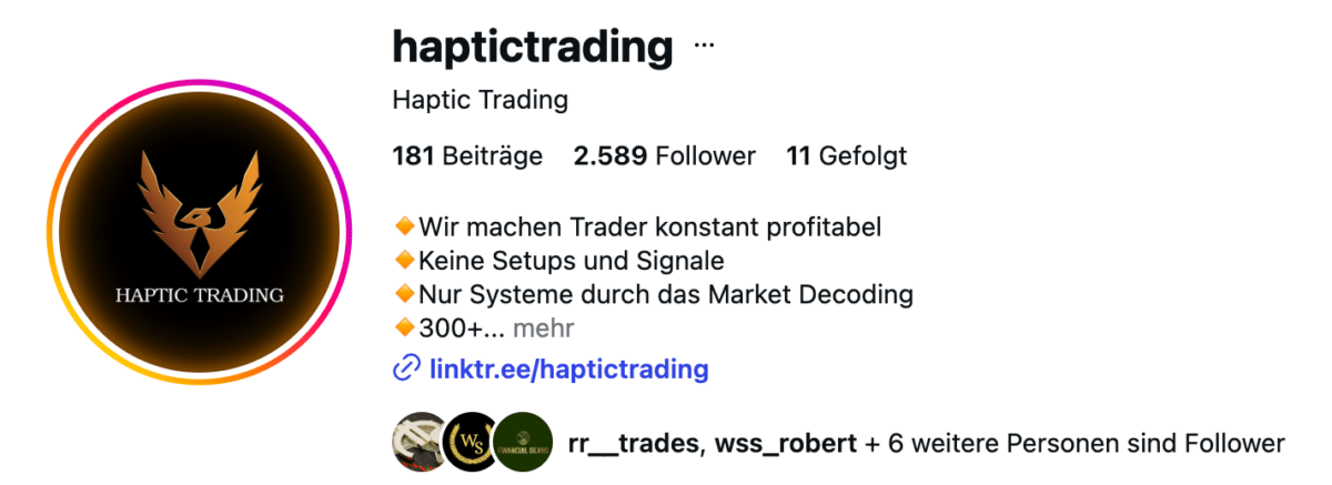 Instagram-Profil von HAPTIC TRADING mit 2.573 Followern und Story-Highlights