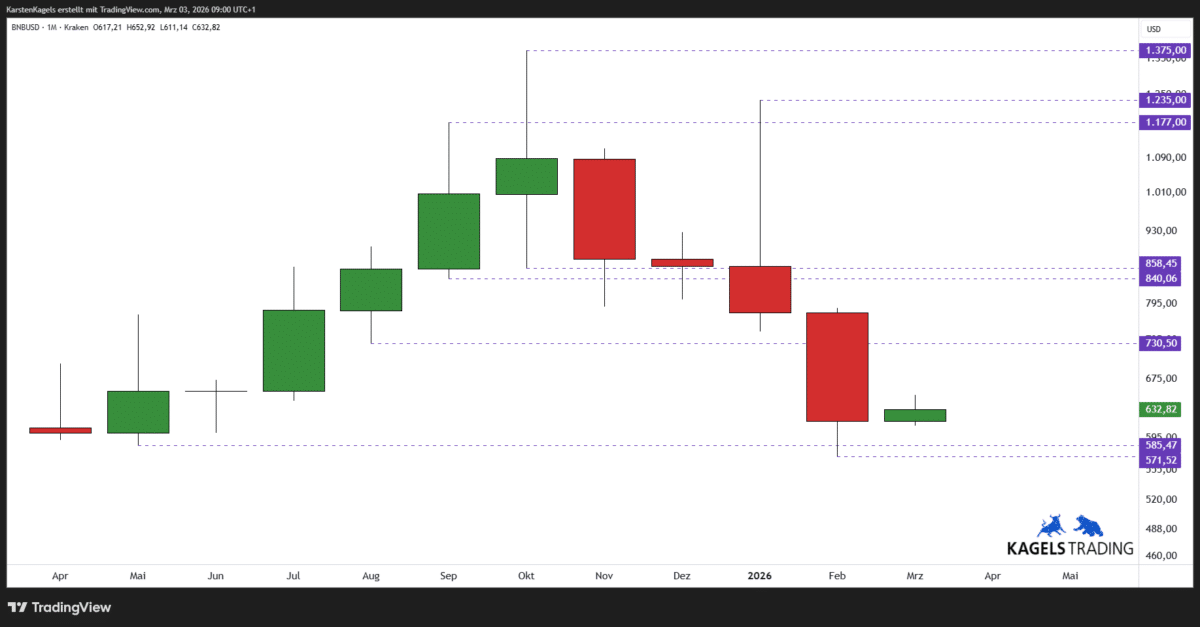 BNB/USD Prognose - wie geht es weiter mit dem Binance Coin? (2026) Binance Coin Prognose langfristig im Monatschart