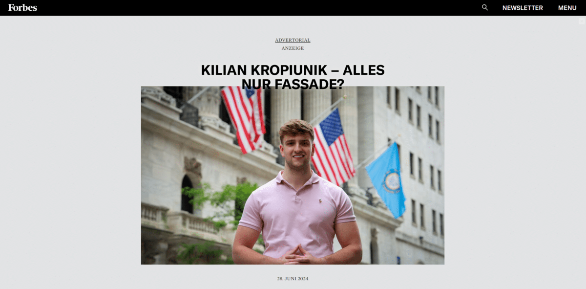 kilian kropiunik in einem gekauften artikel des forbes magazin