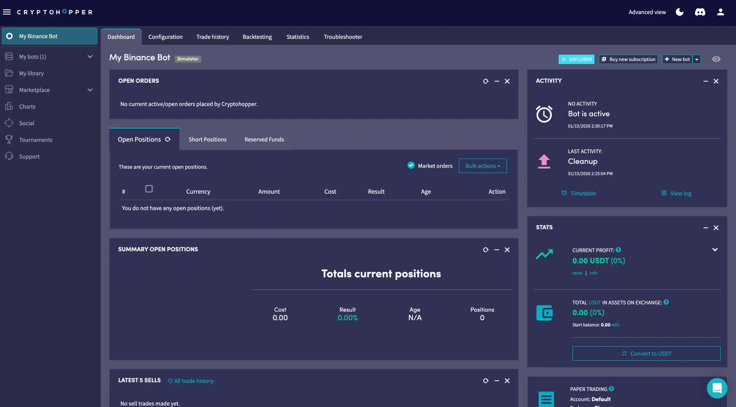 Cryptohopper Erfahrungen & Test 2026: Lohnt sich der Trading-Bot? Dashboardübersicht nachdem man sich eingeloggt hat bei Cryptohopper