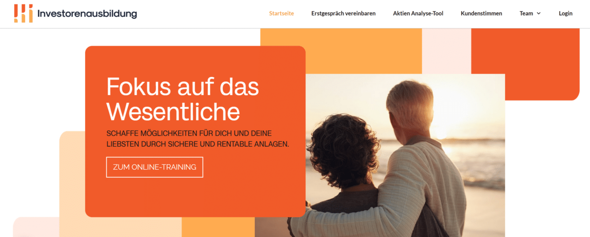 Investorenausbildung Startseite mit dem Werbeversprechen sichere und rentable Anlagen