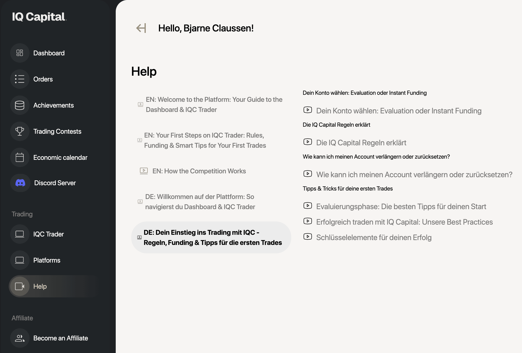 IQ Capital Erfahrungen: Challenge, Kosten & Test (2026) Hilfeseite bei IQ Capital mit Videos