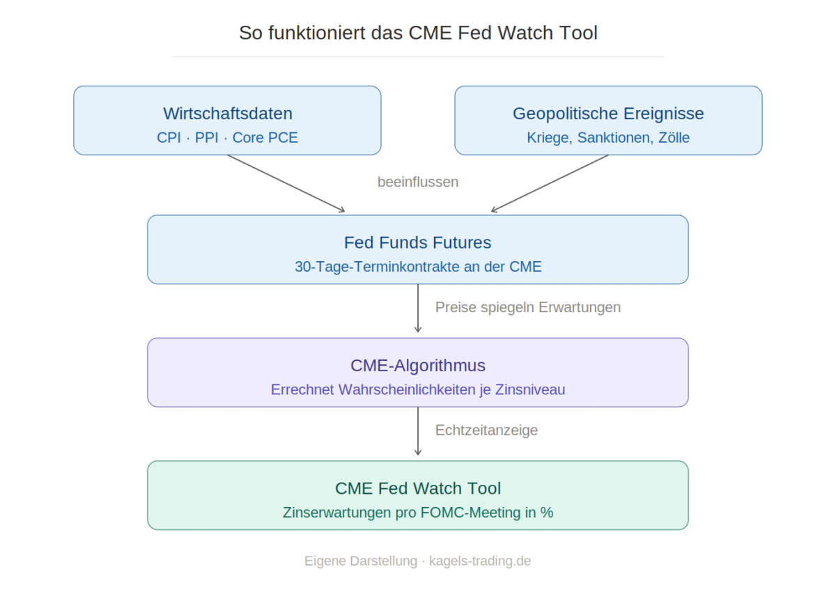 CME Fed Watch Tool Funktionsweise – Prozessdiagramm von Wirtschaftsdaten über Fed Funds Futures und CME-Algorithmus bis zur Wahrscheinlichkeitsanzeige
