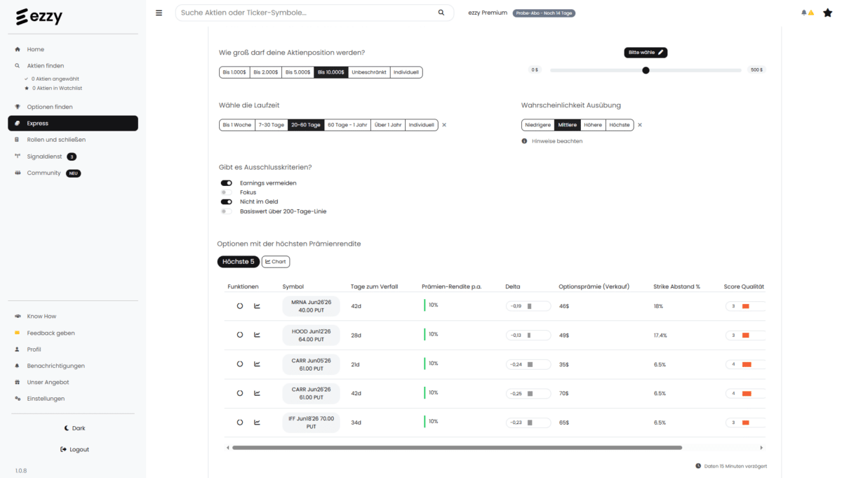 Ezzy Express-Modus zeigt die profitabelsten Optionen nach Prämienrendite