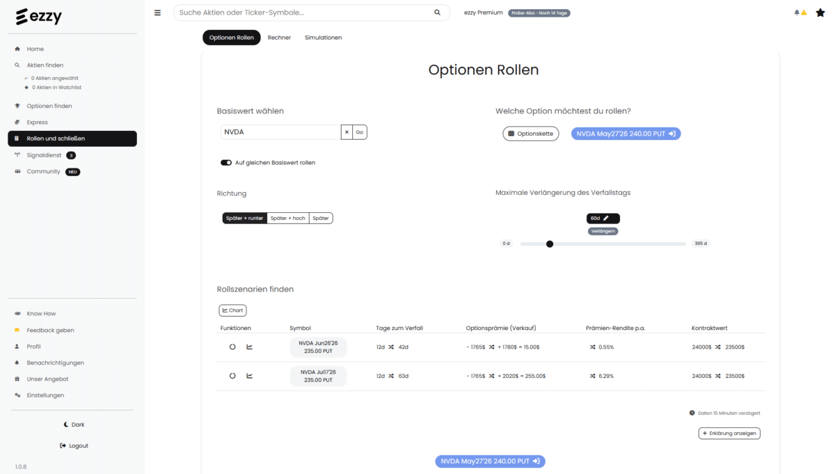 Ezzy Roll-Assistent mit Rollszenarien für Optionspositionen 