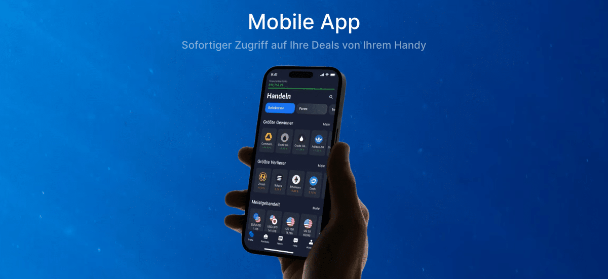 SabioTrade bewirbt eine Mobile App, die in keinem der beiden App-Stores auffindbar ist