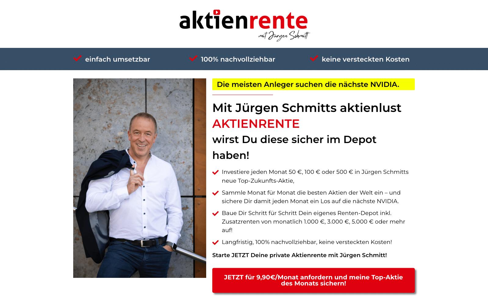 aktienlust Aktienrente Landingpage mit Werbeversprechen und Preis von 9,90 Euro pro Monat, Juli 2026