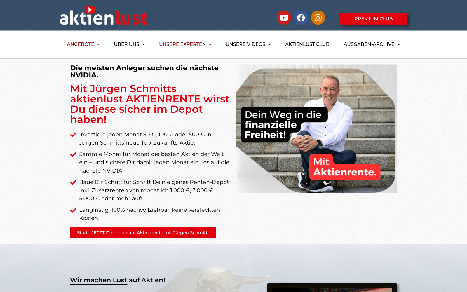 aktienlust Startseite mit Jürgen Schmitt und dem Aktienrente-Werbeversprechen zur nächsten NVIDIA, Juli 2026