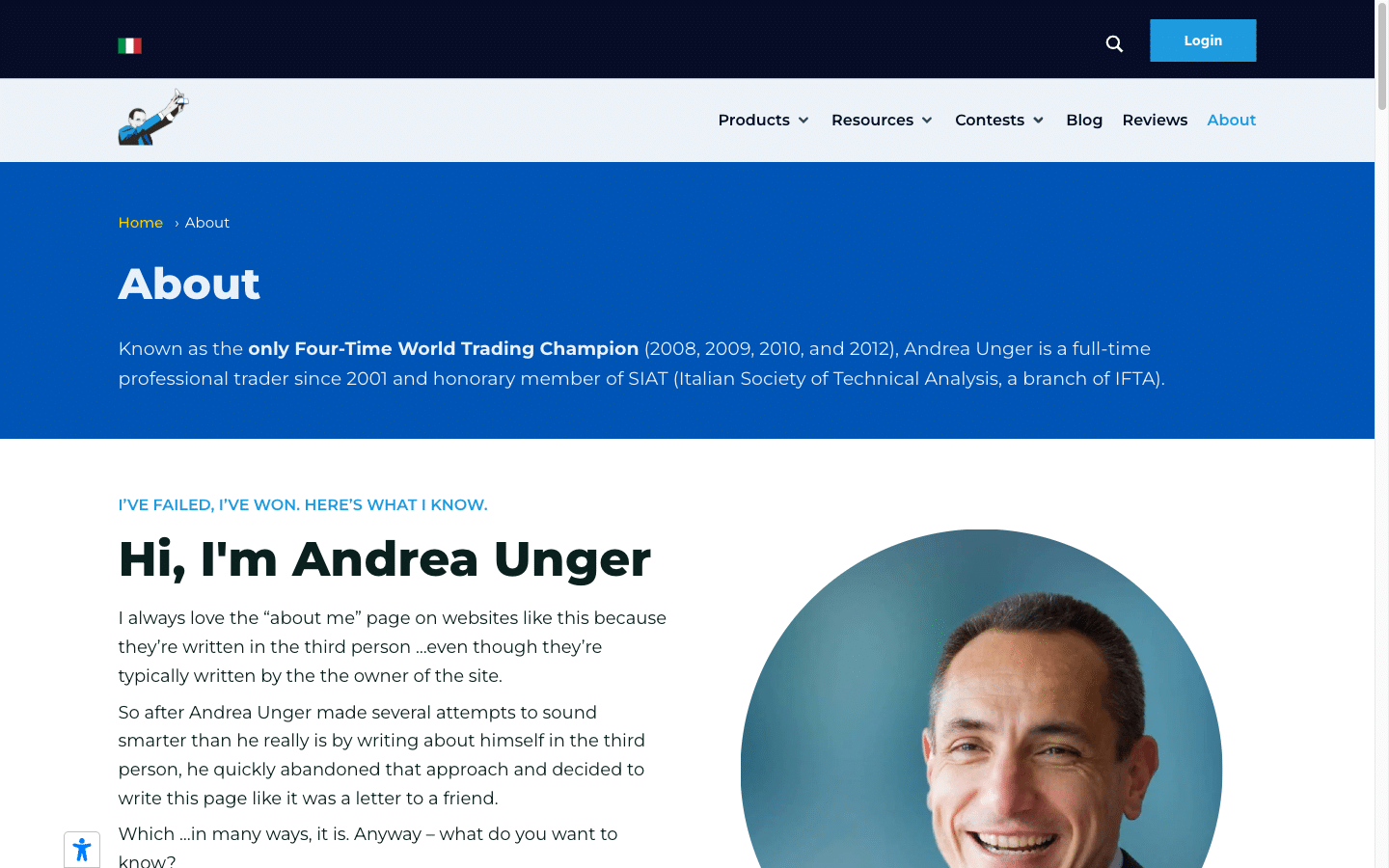 Andrea Unger Porträt auf der About-Seite der Unger Academy, vierfacher World Trading Champion, Juli 2026