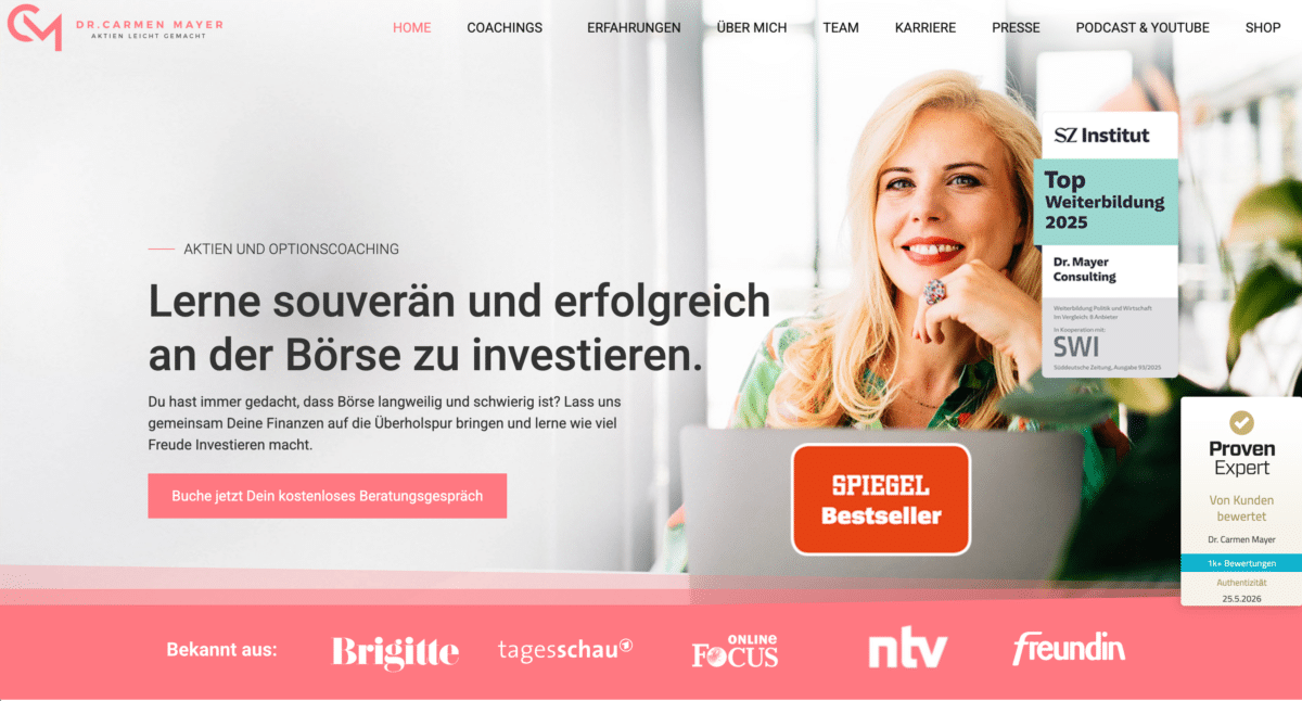 dr. carmen mayer webseite mit aktien- und optionscoaching stand juli 2026