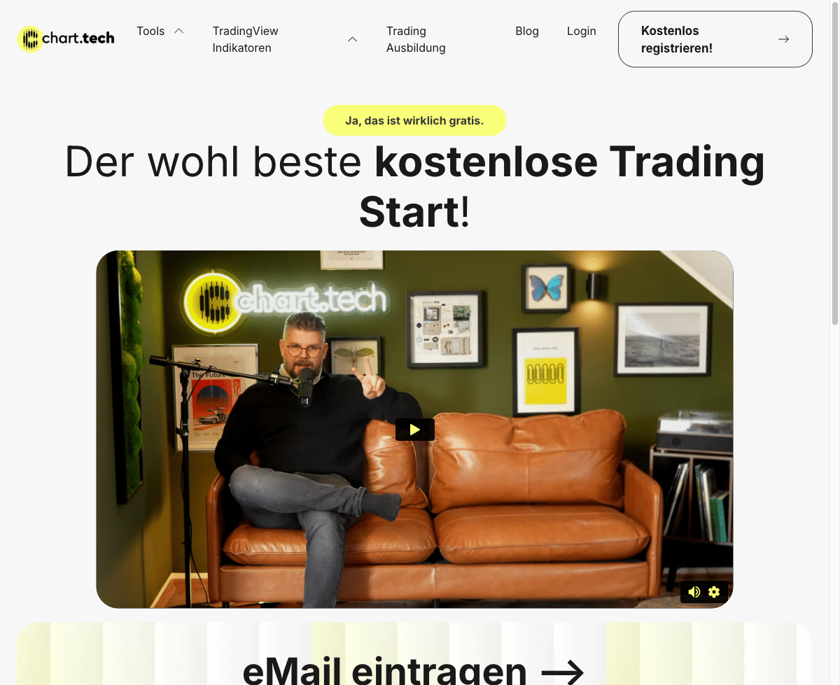 chart.tech Gratis-Bereich: kostenloser Trading-Start mit Indikatoren, Videokursen und Community (Screenshot Juli 2026)