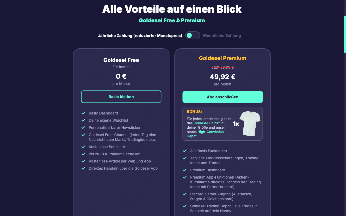 Goldesel Preise 2026 mit Free und Premium im Vergleich