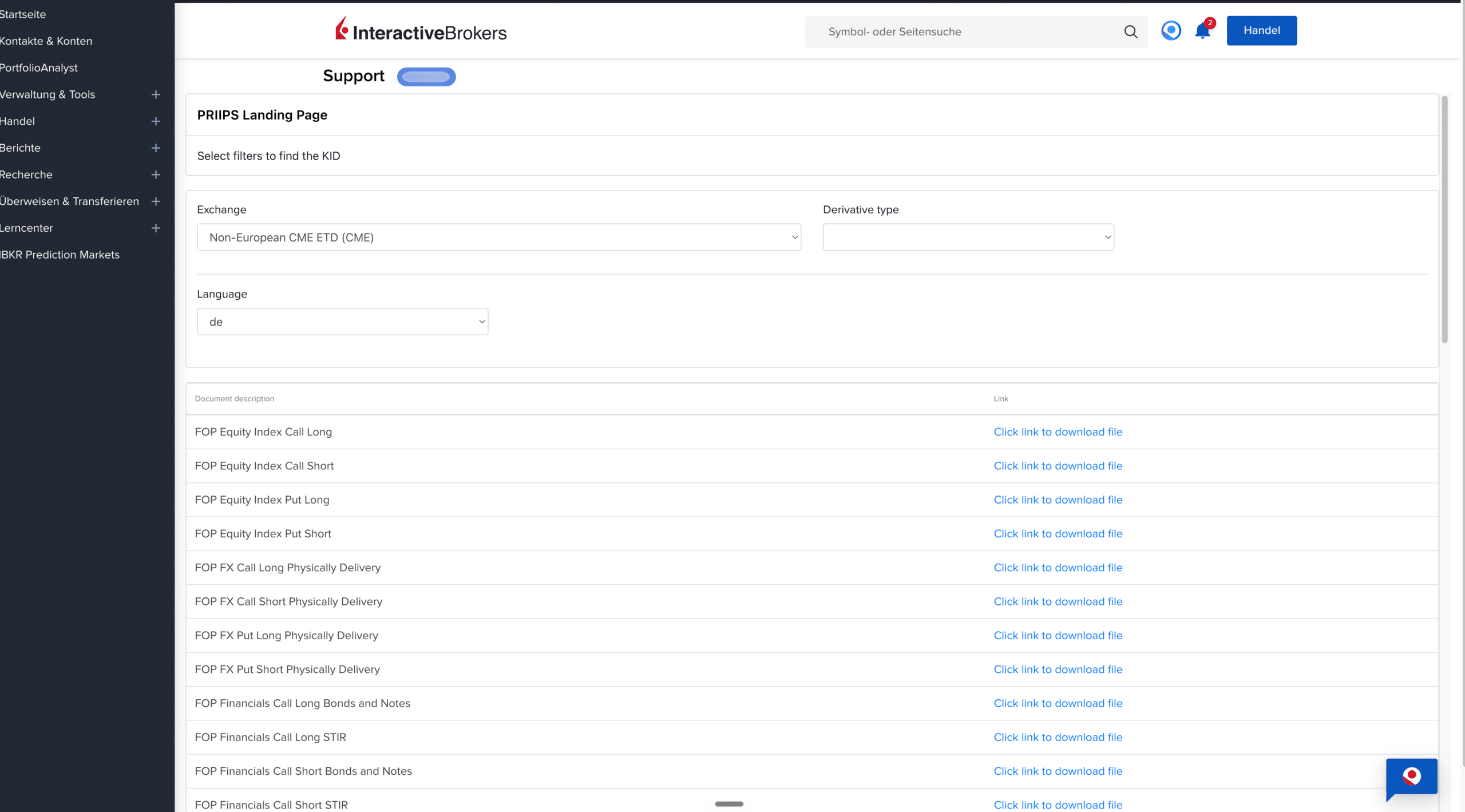 PRIIPS Landing Page im Client Portal von Interactive Brokers: generische Basisinformationsblätter für CME-Futures-Optionen mit Filtern für Börse, Derivatetyp und Sprache